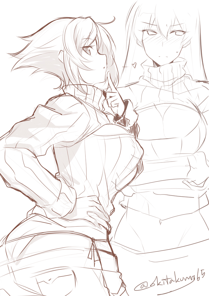2girls, bikini_jeans, breasts, cleavage, cleavage_cutout, cowboy_shot, finger_to_mouth, from_side