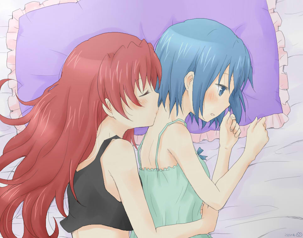 2girls, babydoll, blue_eyes, blue_hair, blush, bust, closed_eyes, hair_down