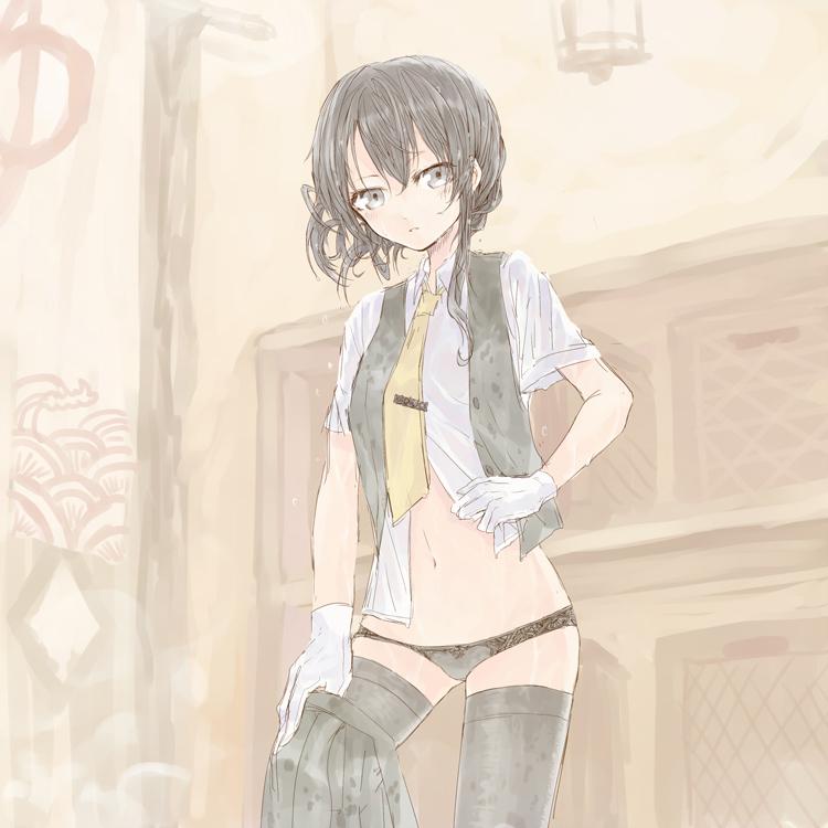 1girl, alternate_hair_color, asymmetrical_hair, black_hair, black_legwear, black_panties, cowboy_shot, gloves