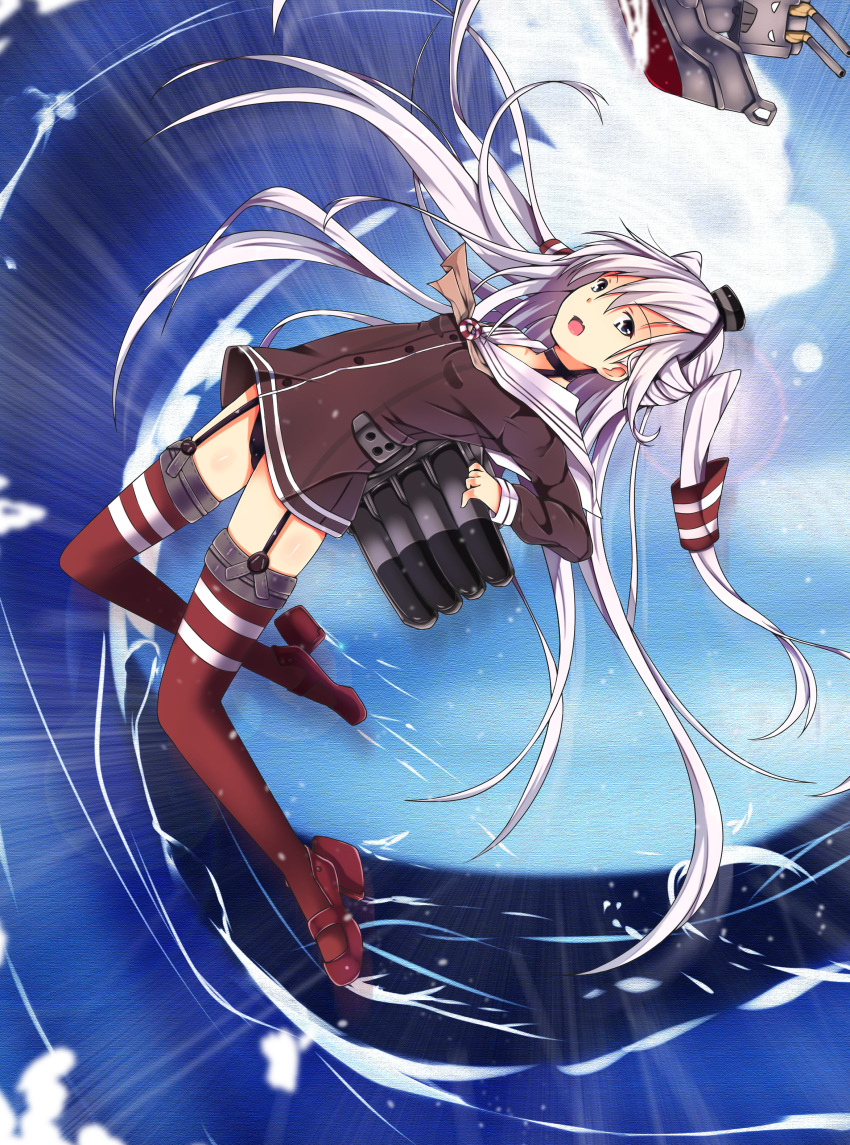 1girl, absurdres, amatsukaze_(kantai_collection), black_panties, blue_sky, brown_dress, brown_eyes, choker