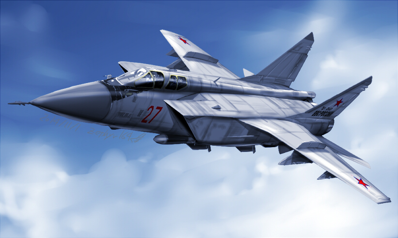 airplane, clouds, fighter_jet, flying, jet, mig-31, military, missile
