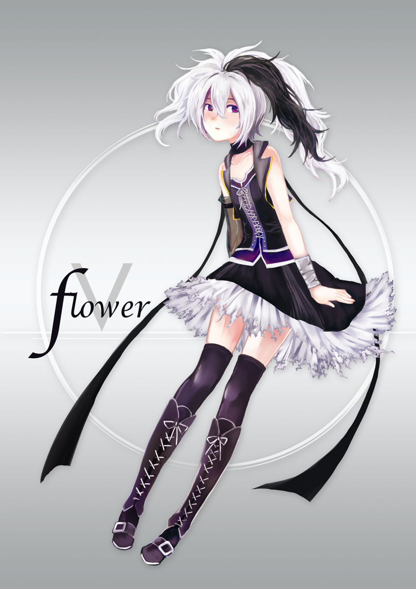 1girl, 71pen, bandages, bare_shoulders, black_hair, black_skirt, blush, boots