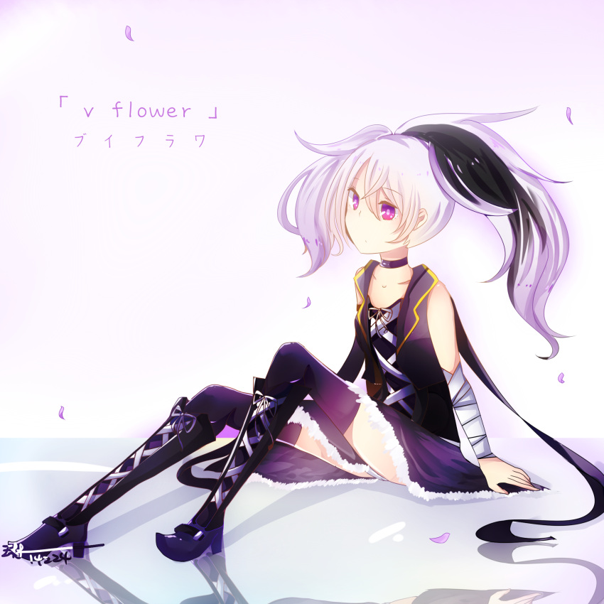 1girl, bandages, bare_shoulders, black_hair, boots, character_name, choker, collarbone