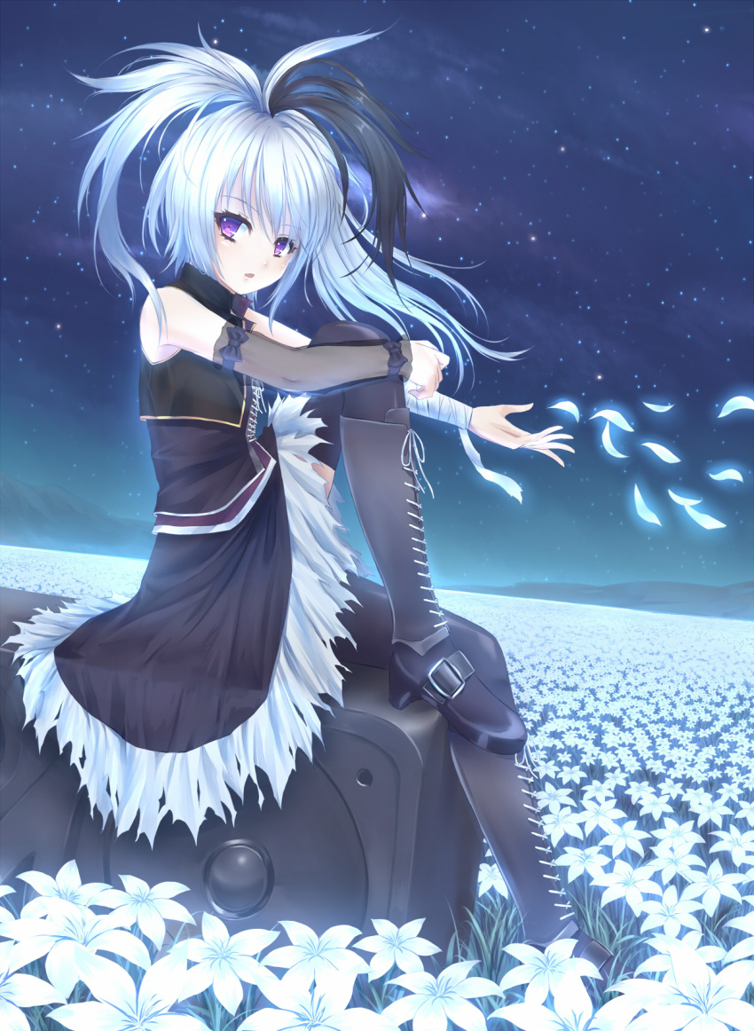 1girl, armlet, bandages, bare_shoulders, black_hair, black_legwear, black_skirt, blush