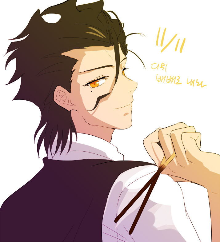 1boy, ahoge, black_hair, dated, fate/zero, fate_(series), lancer_(fate/zero), mj_(cuzbien)