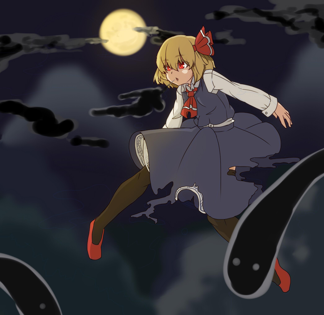 1girl, blonde_hair, blowing, darkness, flying, full_moon, hair_ribbon, hiedanotsukai