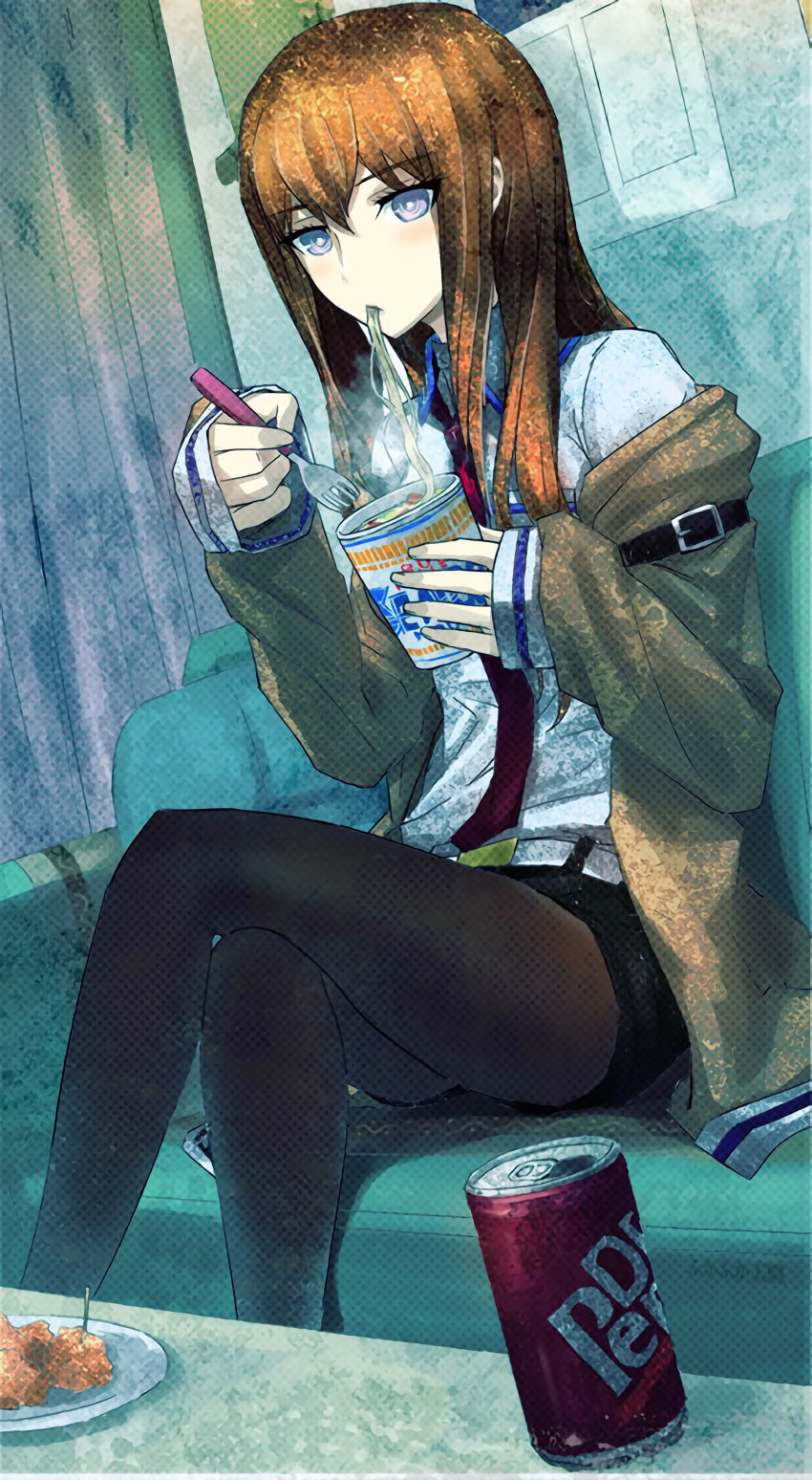 1girl, absurdres, can, crossed_legs, dr_pepper, eating, food, fork