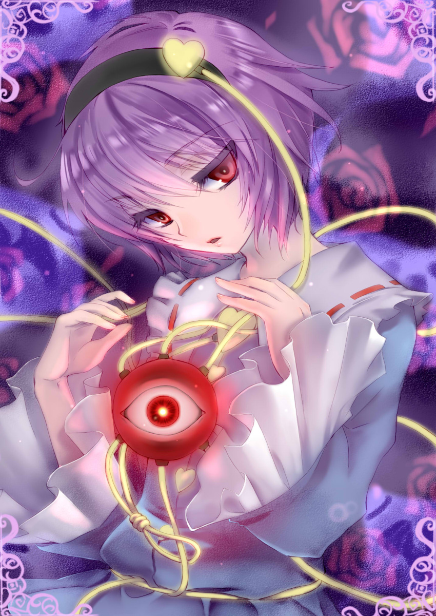 1girl, eyeball, flower, hairband, heart, highres, komeiji_satori, looking_at_viewer