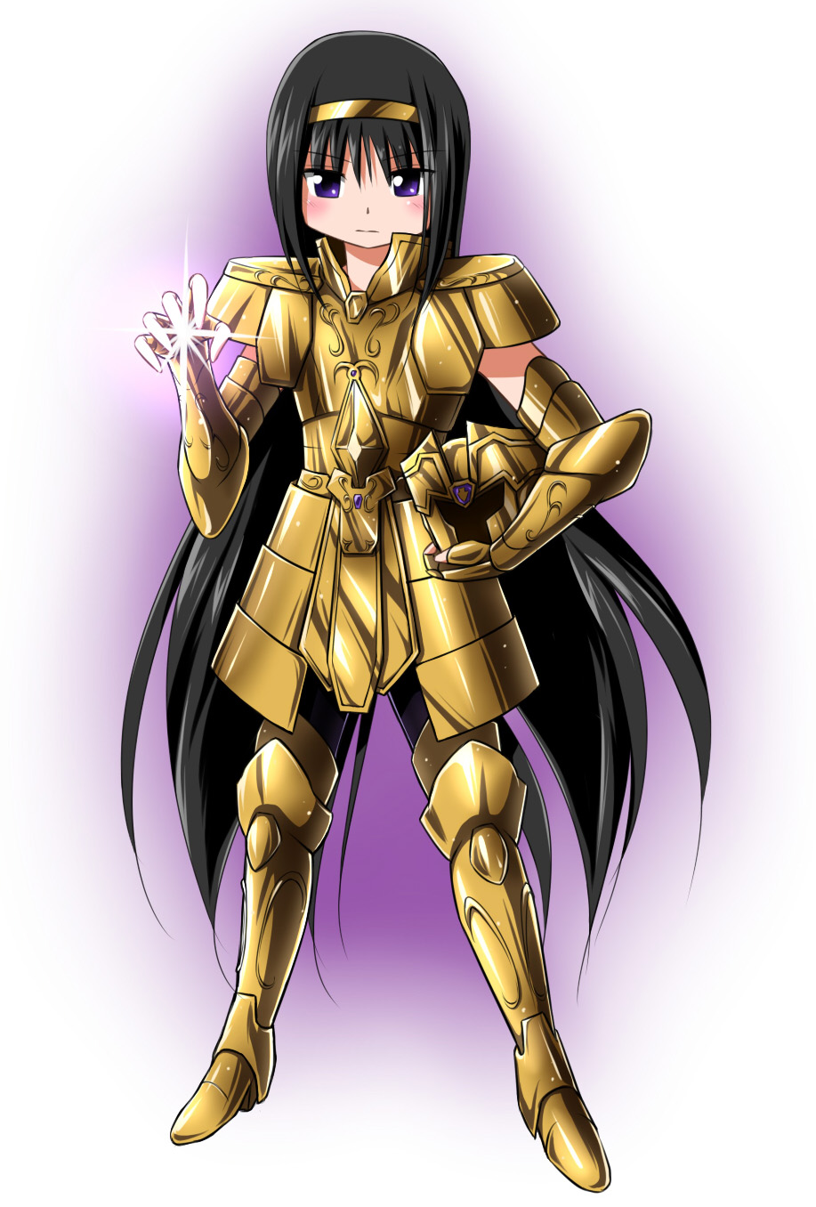 1girl, akemi_homura, armor, black_hair, breastplate, full_armor, gauntlets, gemini