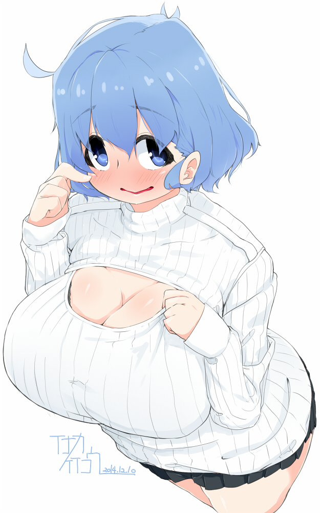 1girl, blue_eyes, blue_hair, blush, breasts, inaka_keikou, large_breasts, open-chest_sweater