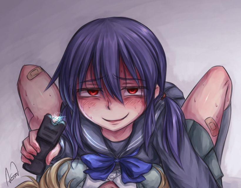 2girls, aosora_(mizore), bandaid, blue_hair, multiple_girls, original, red_eyes, school_uniform