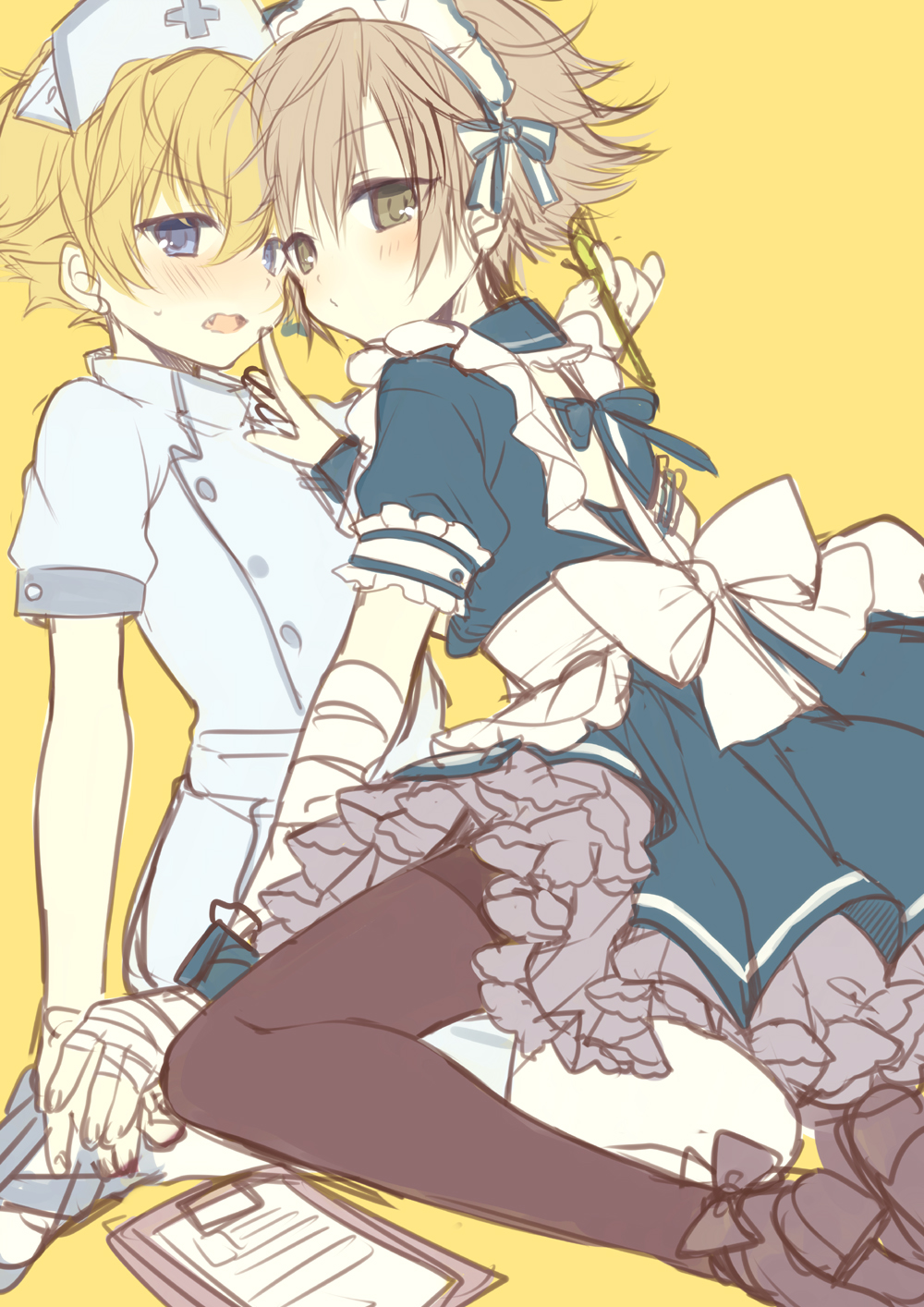 2boys, bandages, blonde_hair, blue_eyes, blush, bow, brown_hair, crossdressinging, fang, frills, hand_on_another's_face, highres, maid, maid_headdress, moriyama_shijimi, multiple_boys, nurse, open_mouth, oshitari_ken'ya, pantyhose, petticoat, shiraishi_kuranosuke, sitting, tennis_no_ouji-sama, trap, wariza