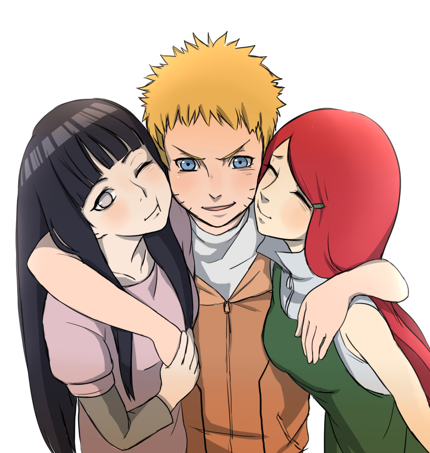 1boy, 2girls, :t, absurdres, arms_around_neck, black_hair, blonde_hair, blue_eyes