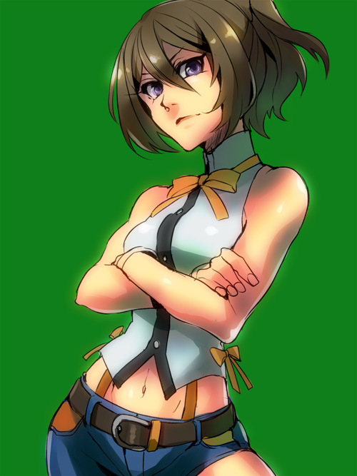1girl, aoki_hagane_no_arpeggio, belt, breasts, brown_hair, choker, contrapposto, crossed_arms, denim, denim_shorts, kaneaki_mukku, kirishima_(aoki_hagane_no_arpeggio), midriff, ribbon_choker, short_ponytail, short_shorts, shorts, sleeveless, sleeveless_turtleneck, solo, suspenders, turtleneck, violet_eyes