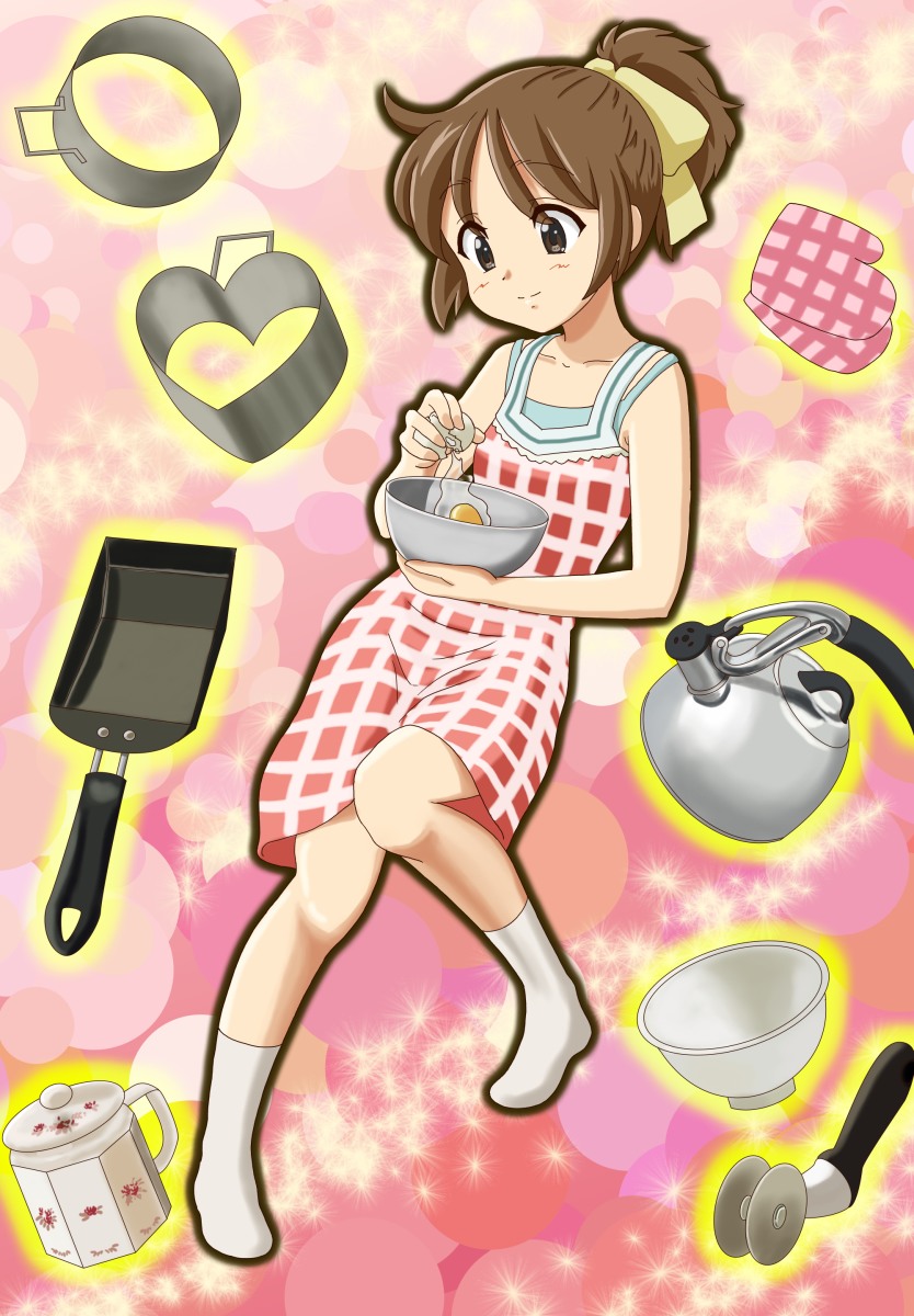 brown_eyes, brown_hair, chunpai, cookie_cutters, dress, egg, frying_pan, highres