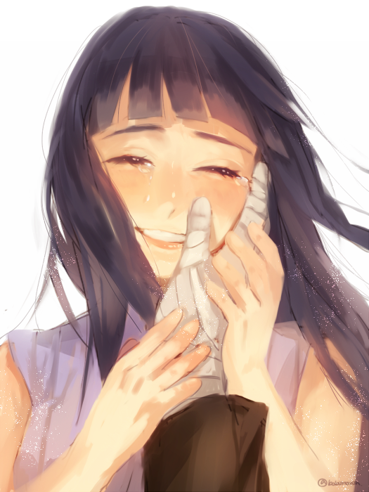 1boy, 1girl, bandaged_arm, bobo_(uccello), closed_eyes, hand_on_another's_cheek, hand_on_another's_face, happy, hyuuga_hinata, long_hair, naruto, naruto:_the_last, pov, purple_hair, smile, solo_focus, tears, uzumaki_naruto