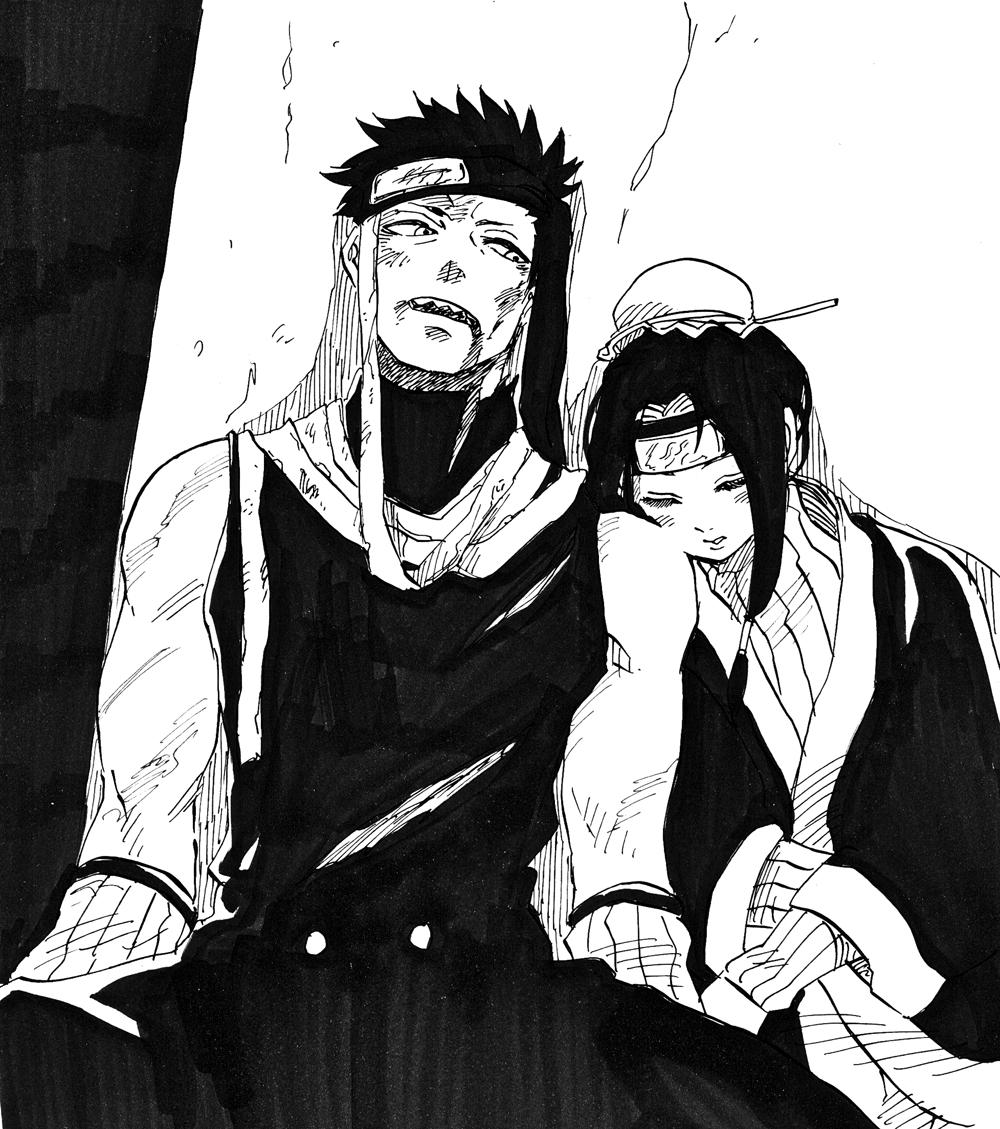 2boys, black_hair, blood, bruise, bun_cover, closed_eyes, forehead_protector, hair_bun, haku_(naruto), injury, kirigakure_symbol, long_hair, male, momochi_zabuza, monochrome, multiple_boys, naruto, ninja, sharp_teeth, tomra, trap