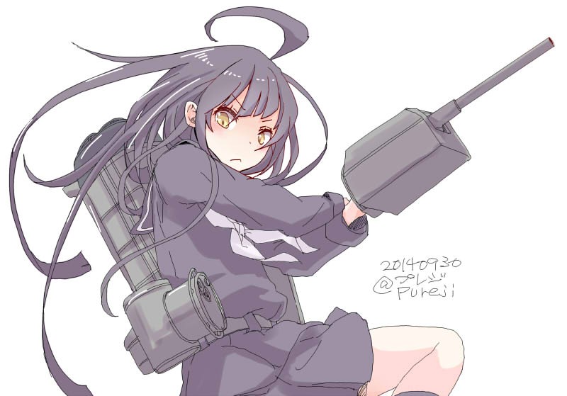 1girl, :<, ahoge, black_hair, black_serafuku, brown_eyes, dated, depth_charge