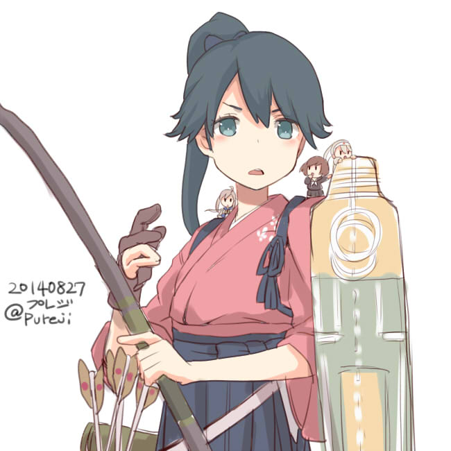 1girl, arrow, blue_eyes, blue_hair, blue_skirt, bow_(weapon), dated, fairy_(kantai_collection)