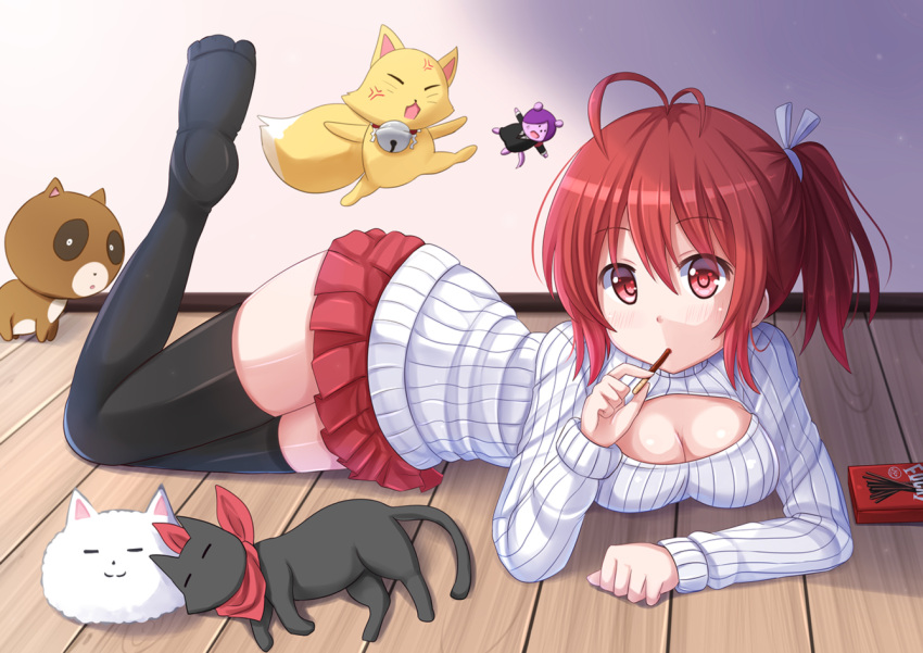 1girl, antenna_hair, black_legwear, brand_name_imitation, breasts, cat, cleavage, cleavage_cutout