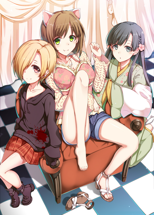 2girls, animal_ears, bare_legs, barefoot, black_hair, blonde_hair, blue_eyes, breasts