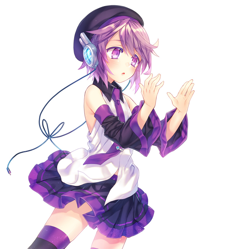 1girl, black_legwear, hat, headphones, highres, open_mouth, pleated_skirt, purple_hair