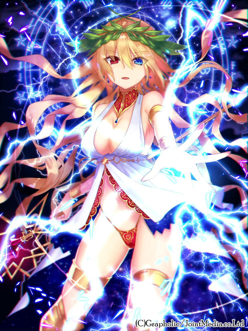 1girl, blonde_hair, breasts, cleavage, heterochromia, highres, leaf, leaf_on_head