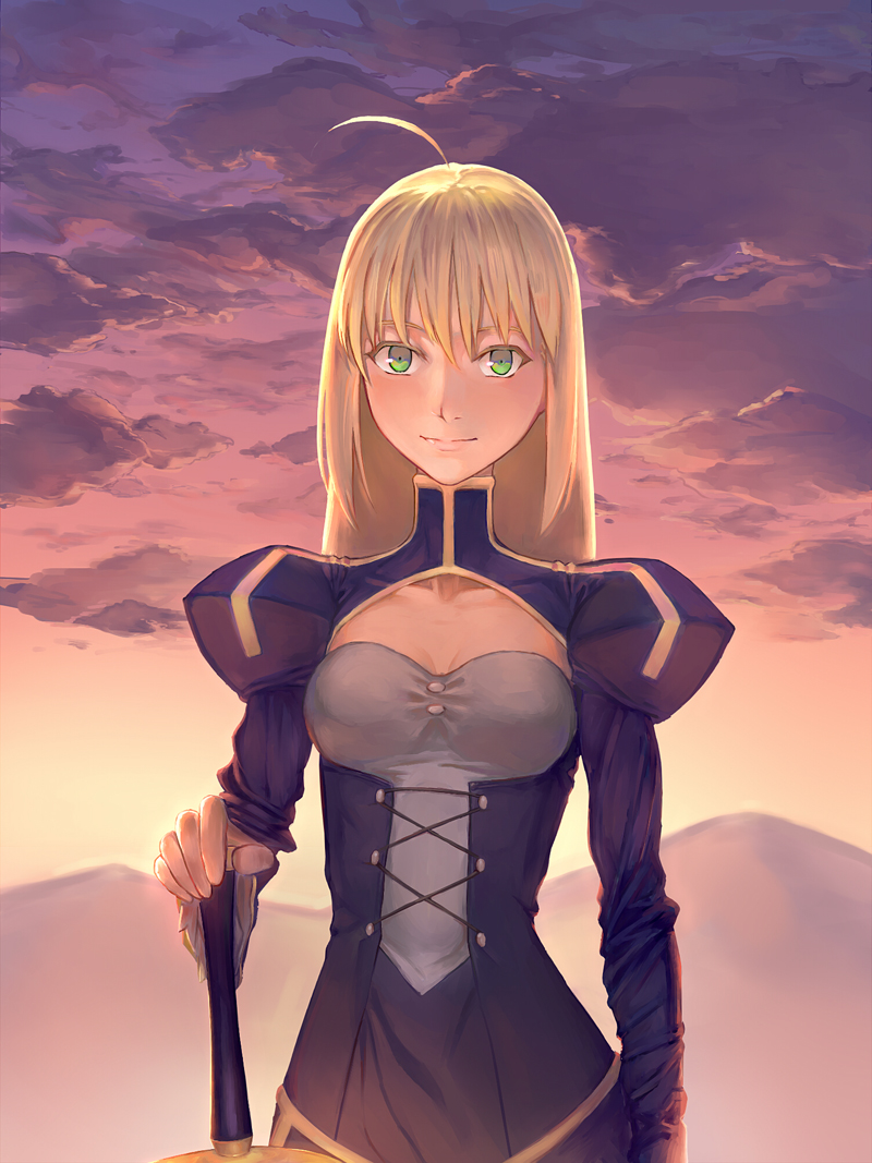 1girl, ahoge, blonde_hair, dress, excalibur, fate/stay_night, fate_(series), green_eyes