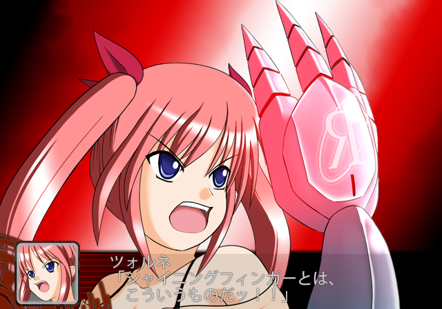 angry, bare_shoulders, blue_eyes, g_gundam, gauntlets, gundam, hair_ribbon, parody, red_hair, ribbon, rin_takanashi_glacies, rosenkreuzstilette, rosenkreuzstilette_freudenstachel, shining_finger, twintails, zorne_sepperin