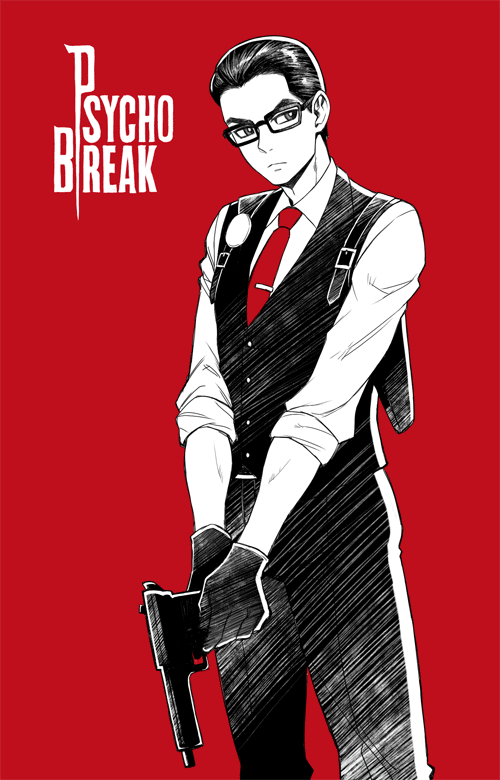 1boy, copyright_name, glasses, gloves, gun, joseph_oda, logo, sima_nozomu
