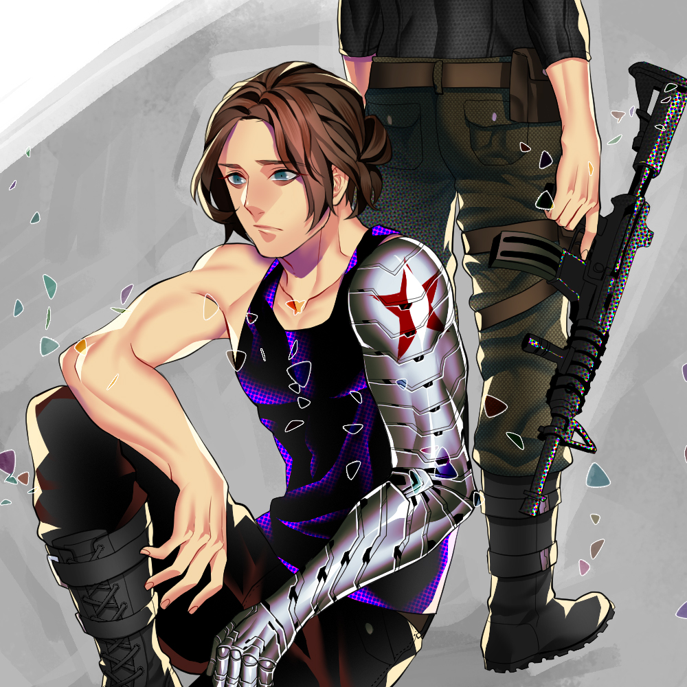 2boys, blue_eyes, brown_hair, captain_america_the_winter_soldier, dual_persona, face_mask, gun, james_buchanan_barnes, ken_shirou_(loco), marvel, mask, mechanical_arm, multiple_boys, weapon, winter_soldier