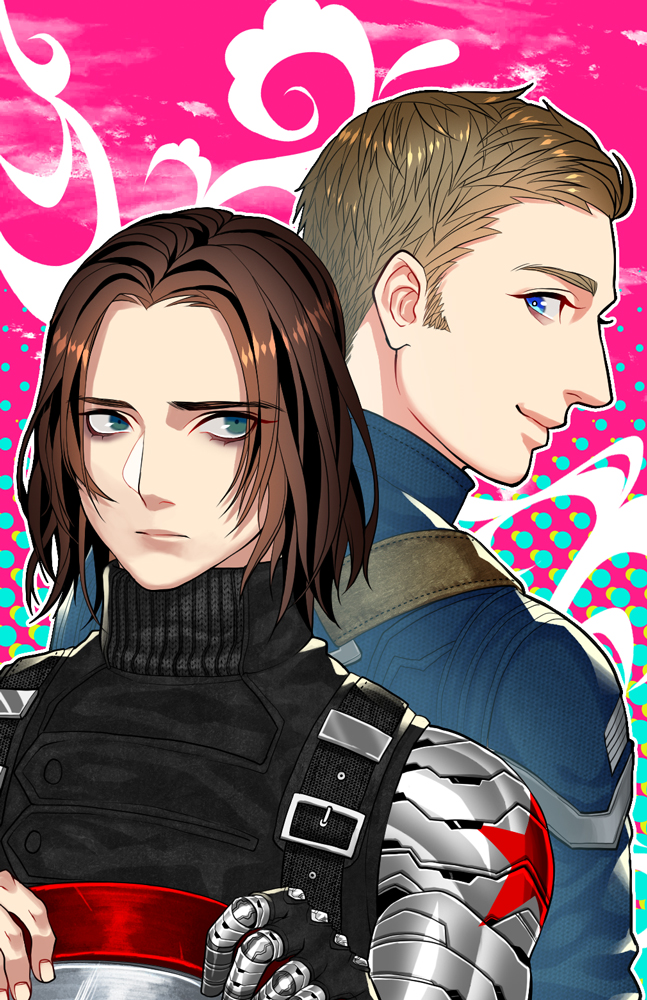 back-to-back, blonde_hair, blue_eyes, brown_hair, captain_america, captain_america_the_winter_soldier, james_buchanan_barnes, ken_shirou_(loco), marvel, mask, mechanical_arm, steve_rogers, winter_soldier