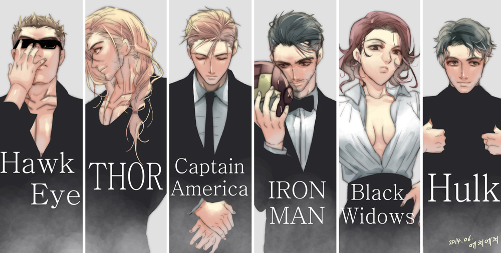 1girl, 5boys, avengers, breasts, bruce_banner, cleavage, clint_barton, formal
