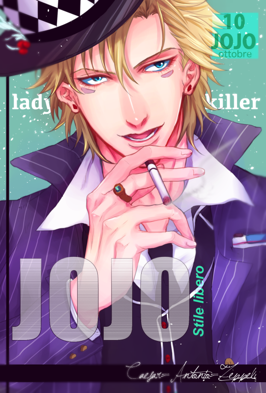1boy, blonde_hair, blue_eyes, caesar_anthonio_zeppeli, cigarette, cover, facial_mark, fake_cover