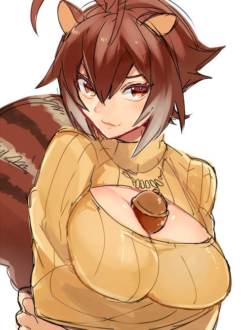 acorn, animal_ears, between_breasts, blazblue, breast_hold, breasts, brown_eyes, brown_hair