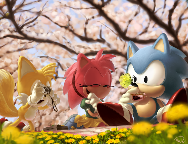 amy_rose, butterfly, camera, cherry_blossoms, flower, laughing, miles_prower, picnic, rasein, sega, sonic, sonic_(series), sonic_the_hedgehog, sonic_the_hedgehog_(classic), tails_(sonic), tree