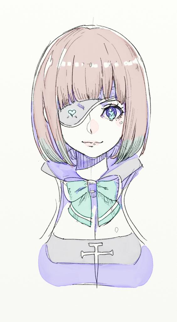 amazora_(terra_battle), blue_eyes, breasts, brown_hair, bust, cleavage, eyepatch, heart