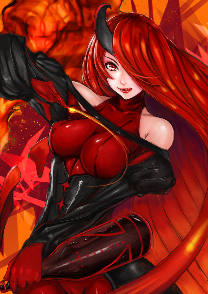 bare_shoulders, bottle, daiana_(terra_battle), hair_over_one_eye, highres, horn, licking_lips, red_eyes, redhead, terra_battle, ytoy