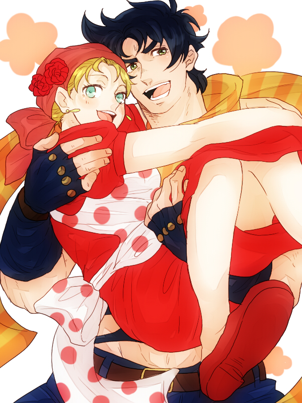 1boy, 1girl, bandana, black_hair, blonde_hair, blue_eyes, carrying, green_eyes