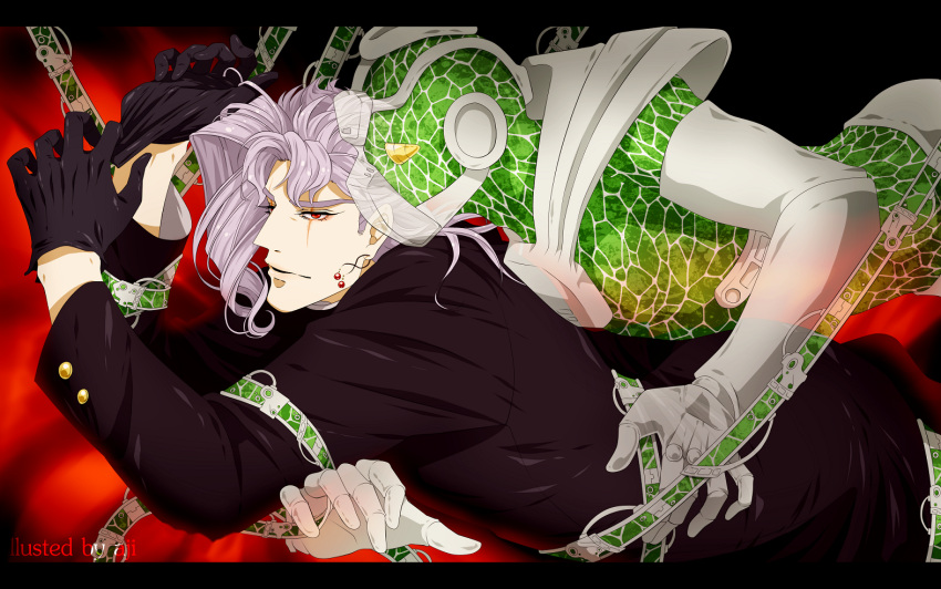 2boys, after_satellites, black_gloves, gloves, hierophant_green, jojo_no_kimyou_na_bouken, kakyouin_noriaki, multiple_boys