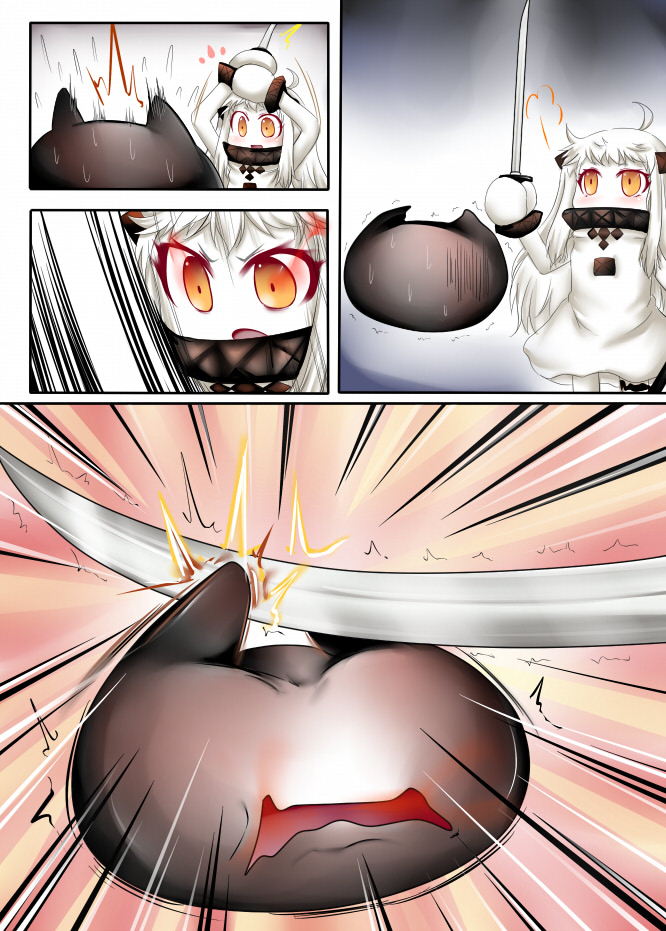 >:o, 1girl, :d, :o, ahoge, blade_catching, comic, dress