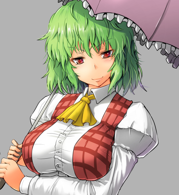 1girl, ascot, breasts, bust, collared_shirt, green_hair, grey_background, head_tilt