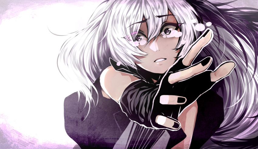 1girl, bare_shoulders, black_gloves, black_hair, black_nails, crying, crying_with_eyes_open, elbow_gloves, fingerless_gloves, flower_(vocaloid), flower_(vocaloid3), gloves, long_hair, multicolored_hair, nail_polish, outstretched_hand, parted_lips, shivaroushi, solo, tears, two-tone_hair, violet_eyes, vocaloid, white_hair, wide-eyed