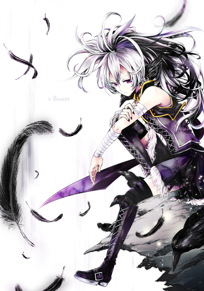 1girl, absurdres, animal, animal_on_shoulder, bandages, bare_shoulders, bird, bird_on_shoulder, black_hair, boots, character_name, choker, corset, cropped_jacket, crow, detached_sleeves, feathers, flower_(vocaloid), flower_(vocaloid3), fur_trim, high_ponytail, highres, long_hair, long_sleeves, multicolored_hair, nekoritatsuki, over-kneehighs, ponytail, purple_skirt, ribbon, single_sleeve, sitting, skirt, skirt_set, solo, striped, striped_legwear, thigh-highs, torn_clothes, torn_skirt, two-tone_hair, violet_eyes, vocaloid, white_hair