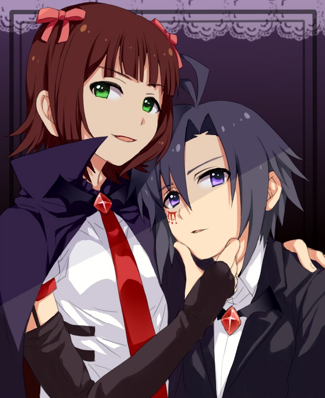 2girls, ahoge, amami_haruka, black_hair, brown_hair, cape, detached_sleeves, fingerless_gloves