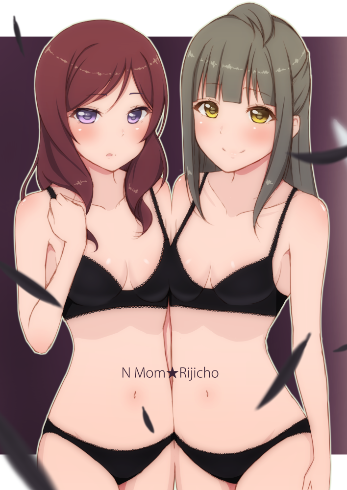 2girls, bare_shoulders, black_bra, black_panties, blush, bra, brown_hair, character_name, collarbone, cowboy_shot, looking_at_viewer, love_live!_school_idol_project, mashimaru_(muzikluva), milf's, minami_kotori's_mother, multiple_girls, navel, nishikino_maki's_mother, panties, redhead, small_breasts, smile, underwear, underwear_only, violet_eyes