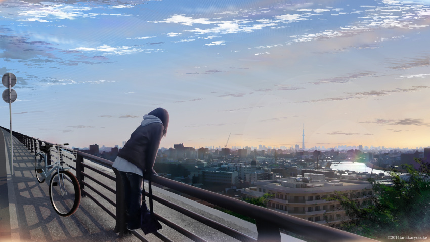 1girl, 2014, artist_name, bag, bicycle, blurry, building, cityscape