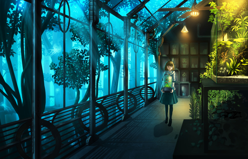 1girl, :o, aquarium, brown_eyes, brown_hair, carrying, commentary, dark