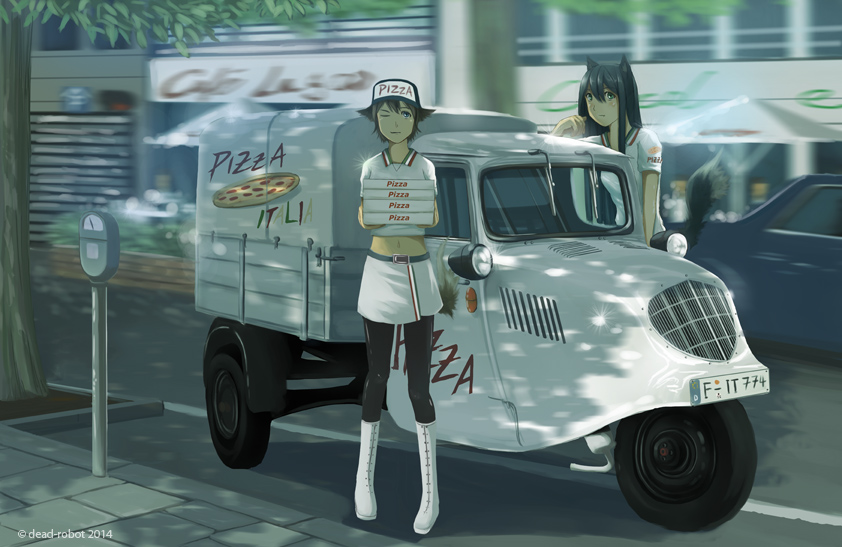 2014, 2girls, animal_ears, artist_name, black_legwear, blush, car, carrying