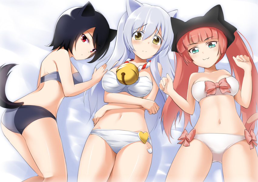 3girls, :3, animal_ears, bell, bell_collar, bikini, black_hair, blush